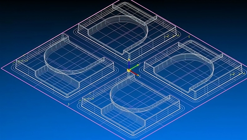 Computer-aided design (CAD) image showing a 3D blueprint with four identical curved cutouts, set on a grid, in a technical and precise style.